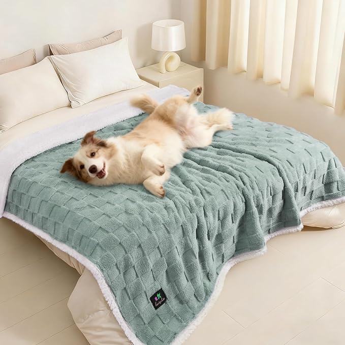 Luciphia Waterproof Dog Blanket, Leakproof Large Pet Blanket for Couch Sofa Bed Furniture Cover Protector, Washable Soft Sherpa Fleece with 3D Jacquard, Cozy Calming Reversible,Sage Green, 85"x57"