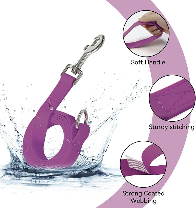 Waterproof Dog Leash, 5/6 FT Durable Odor-Proof Dog Leashes with Strong Metal Hooks Fits Small Medium or Large Dogs (Purple, 6FT - 1 inch Width)