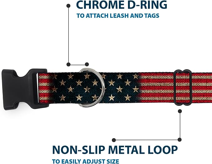 Buckle-Down Plastic Clip Collar - Vintage US Flag Stretch - 1/2" Wide - Fits 9-15" Neck - Large