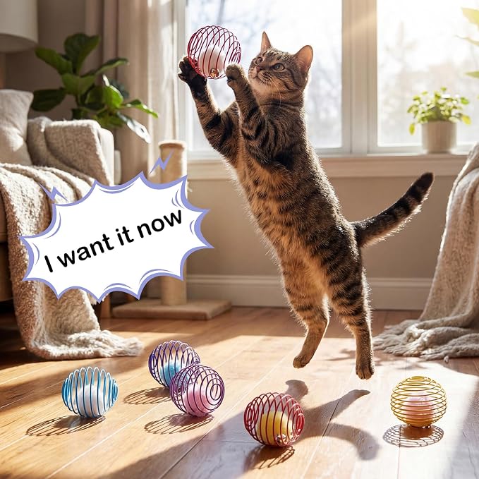 Jecery 5 Pcs Cat Spring Toys Stretchable Rolling Balls Colorful Playful Coils Interactive Action Toy Caged Rats for Kitten Pet Supplies (Pom-pom with Bell,Multicolor)