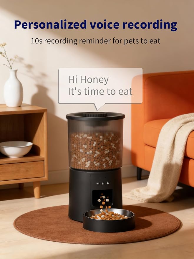 Automatic Cat Feeder, 2.4GHz WiFi Automatic Dog Food Dispenser, Fresh Protection, 4.5L Timer Feeder, Personalized Recording 10 Seconds, Easy to Clean, Stainless Steel Bowl (Single/Black)