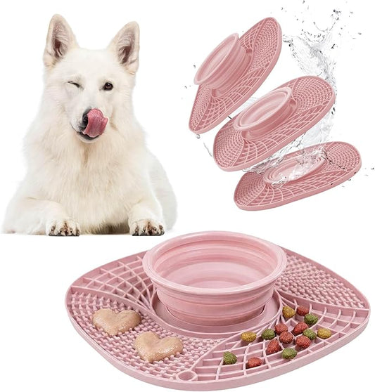 BelleBête & Co. 3-in-1 Pet Slow Feeder Bowl Lick Mat with Collapsible Bowl for Dog & Cat – Food-Grade Material & Non-Slip Base for Kibble, Dry and Wet Food, Digestive Health & Reduce Anxiety | Pink