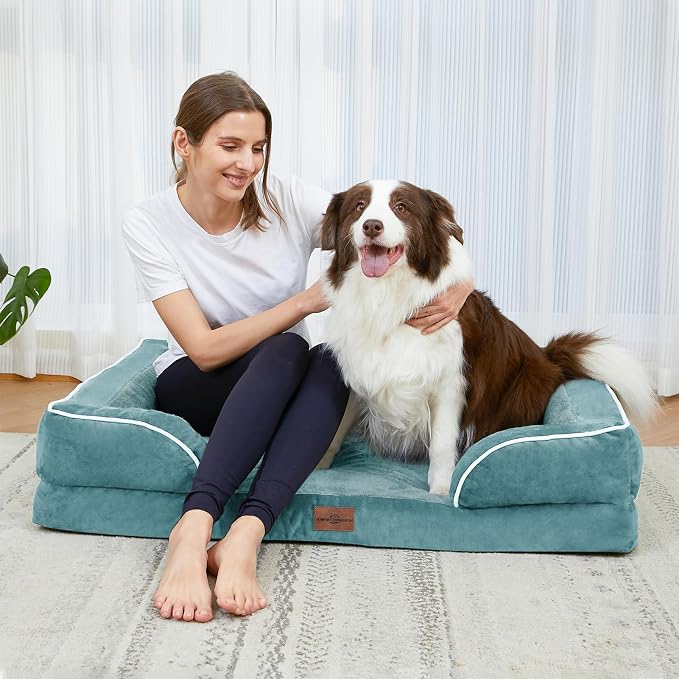 Comfort Expression Orthopedic Dog Bed for Large Dogs 38x25 Inch, Waterproof Supportive Egg Crate Foam Large Pet Bed with Removable Bolster, Dog Couch with Washable Cover & Non-Slip Bottom, Washed Blue