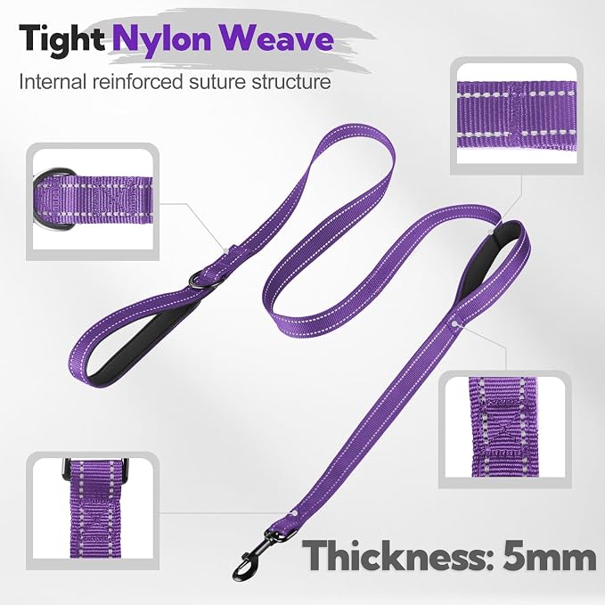 2-Handle Dog Leash Heavy Duty Traffic Control & Night Safety Reflective Lead for Small Mid Large Dogs, Comfort Padded Grip Dog Leashes for Walking and Training(6 FT x 1" Wide Purple+Black)