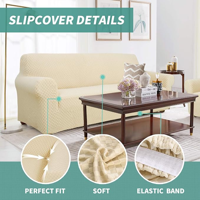 YEMYHOM Couch Cover Latest Jacquard Design High Stretch Sofa Chair Covers for Living Room, Pet Dog Cat Proof Armchair Slipcover Non Slip Magic Elastic Furniture Protector (Small, Beige)
