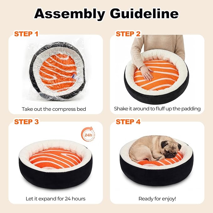Cat Bed for Indoor Cats, 21" Washable Round Pet Bed for Cats & Small Dogs, Sushi Soft Fluffy Calming Bed for Kitten and Puppy with Anti-Slip Base