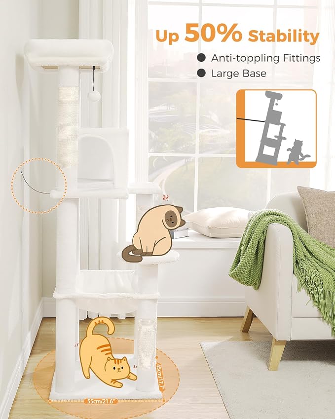 MUTTROS Cat Tree for Large Cats with Metal Plush Big Hammock, 56.3" Cat Tower for Indoor Cats with 2 Door Condo House, 6-Tier Cat Shelves with Scratching Posts and Large Top Perch, Cream White