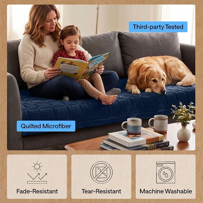 GORILLA GRIP Slip and Leak Resistant Plush Quilted Sofa Cushion Cover Blanket, Soft Couch Covers for Sofa Dogs, Machine Washable Furniture Protector Pet Friendly Couches, Navy, 70x28 Inches