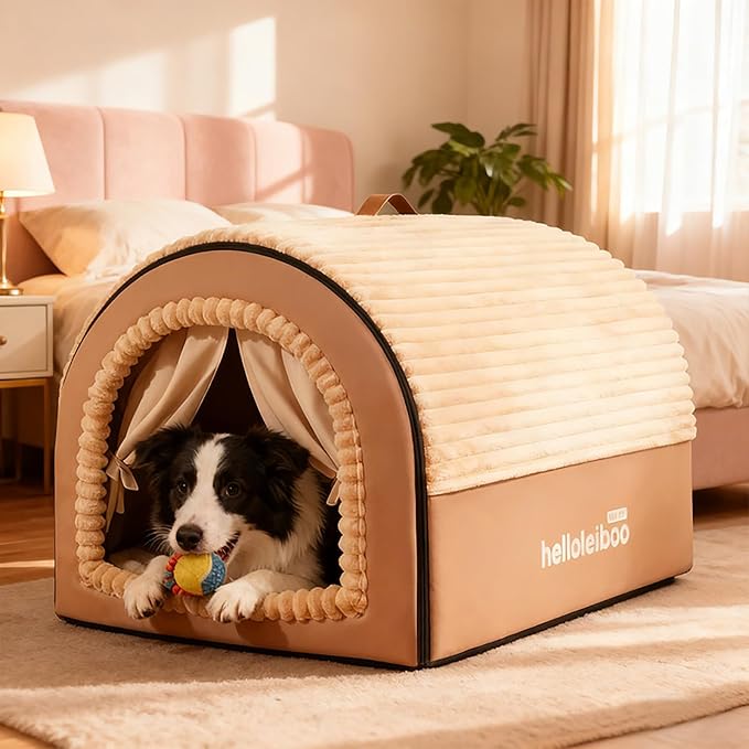 Dog House Indoor, Dog Beds with Privacy Door, Washable Pet Bed Tent, Warm Soft Dog Bed Cave,for Small Medium Extra Large Dogs (Brown, XXXL)
