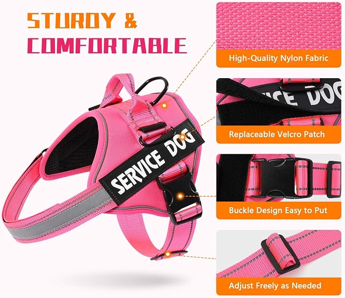 MUMUPET Service Dog Harness, No Pull Reflective Adjustable with Handle, Soft Breathable Padding for Small Dogs, 2 Removable Velcro Patches (Hot Pink, S)