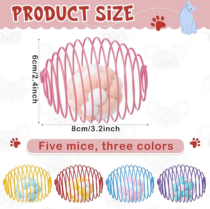 Jecery 5 Pcs Cat Spring Toys Stretchable Rolling Balls Colorful Playful Coils Interactive Action Toy Caged Rats for Kitten Pet Supplies (Plush Ball,Multicolor)