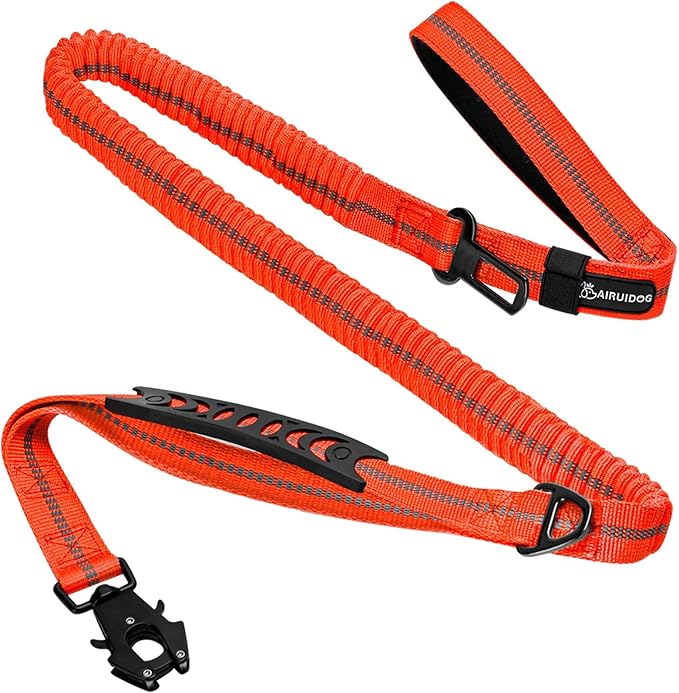 Heavy Duty Tactical Dog Leash, 4-6FT Shock Absorbing Bungee Lead with 2 Padded Handles, Metal Carabiner & Seatbelt Clip, Reflective No-Pull Leash for Medium/Large Dogs (Orange)