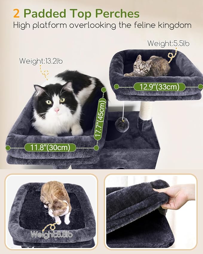 Globlazer Heavy Duty Cat Tree Tower 80in Tall Extra Large Cat Tree Tower for Multiple Indoor Cats Large Adult with Scratching Posts, 2 Spacious Condos, Padded Perches, Soft Hammock, S80B, Dark Grey