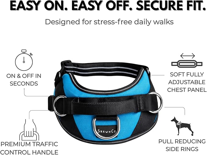 ShawnCo Essential Dog Harness, No-Pull Pet Vest with 3 Leash Clips, No Choke, Reflective, Adjustable and Padded, for Easy Walking and Training for Small, Medium and Large Dogs (Electric Blue,M)