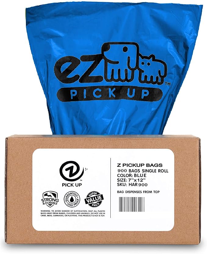 900 Pet Waste Disposal Dog Poop Bags, Z Pickup Bag Blue Clean Up | heavy duty, leak proof, 7"x12", puppy training, dog walking, ez pick up bags