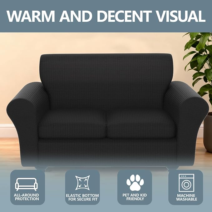 Stretch Couch Covers for 2 Separate Cushion Couch Sofa -Living Room Couch Sofa Cover,Washable Sofa Slipcover,Pet Friendly Furniture Protector with Elastic Bottom,Universal Fit for Home(Black,Loveseat)