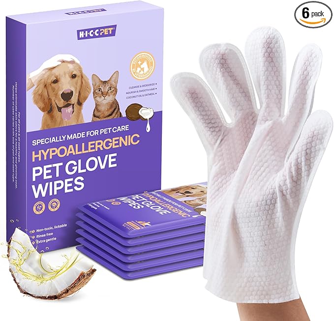 HICC PET Dog Wipes Cleaning Deodorizing Glove Wipes for Dogs, Cats & Horses, Vet Recommended Hypoallergenic Hydrating & Nourishing Pet Wipes for Eyes, Ears, Butt & Paws, No-Rinse, 6pcs Coconut Scent