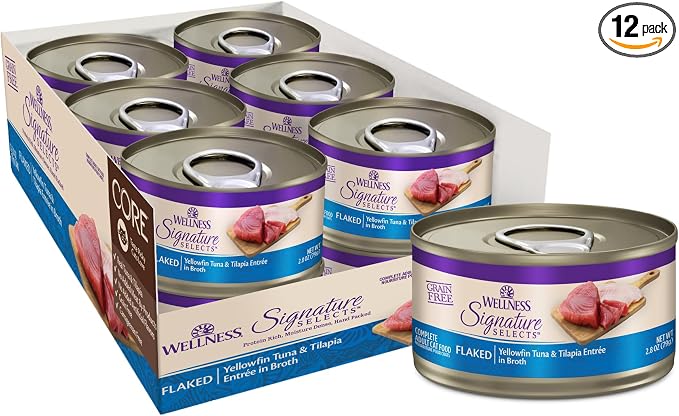 Wellness CORE Signature Selects Flaked Adult Canned Wet Cat Food, Natural, Protein Rich, Grain Free, Yellowfin Tuna and Tilapia Entrée Recipe, 2.8 oz, Pack of 12 Cans
