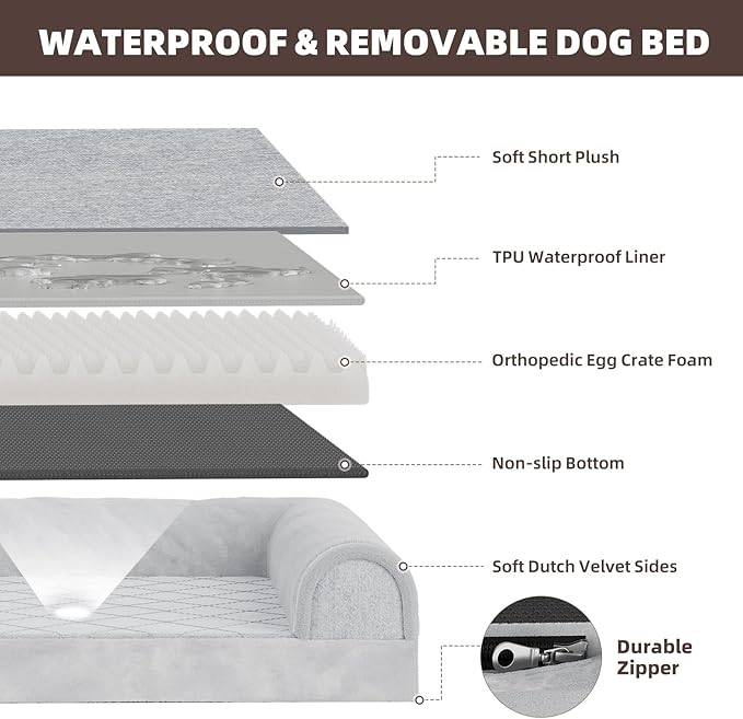 Simple Trending Dog Bed for Large Dogs, Orthopedic XL Pet Bed with Sides, Waterproof Egg Crate Foam Couch Sofa with Removable Cover and Anti-Slip Bottom, Grey