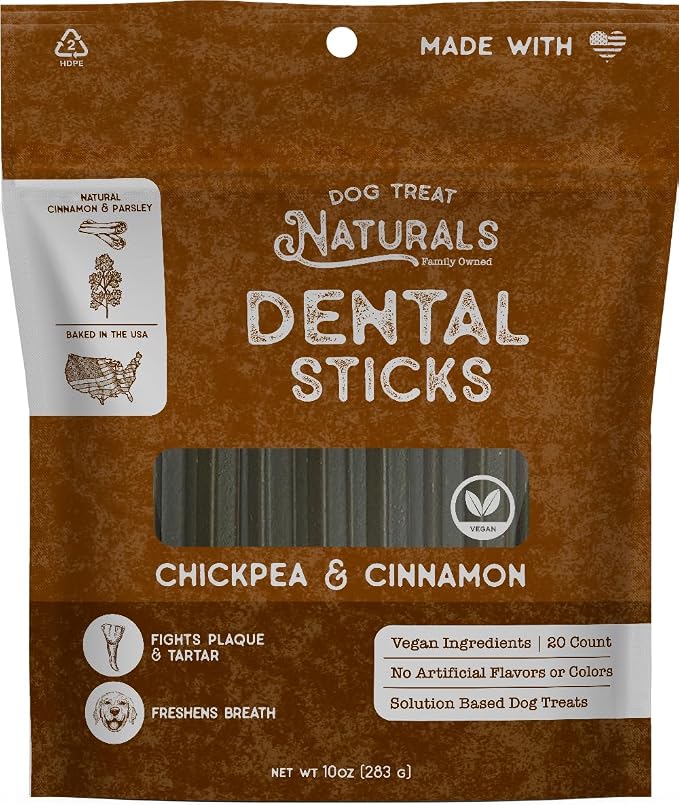 Dog Treat Naturals Chickpea & Cinnamon Dental Sticks 10oz, 20ct | Dog Dental Chew Treats for Small, Medium, Large Dogs | Freshen Breath, Fight Plaque-Tartar | Natural Teeth Cleaning Treats | USA Made