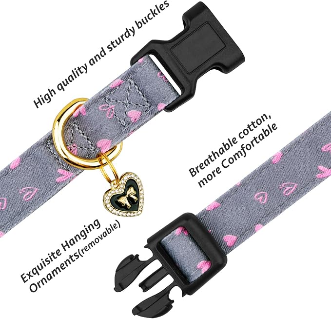 Cotton Handmade Dog Collar Cute and Distinctive Patterns Grey Heart with Pendant for Girl Boy Dogs Collars S