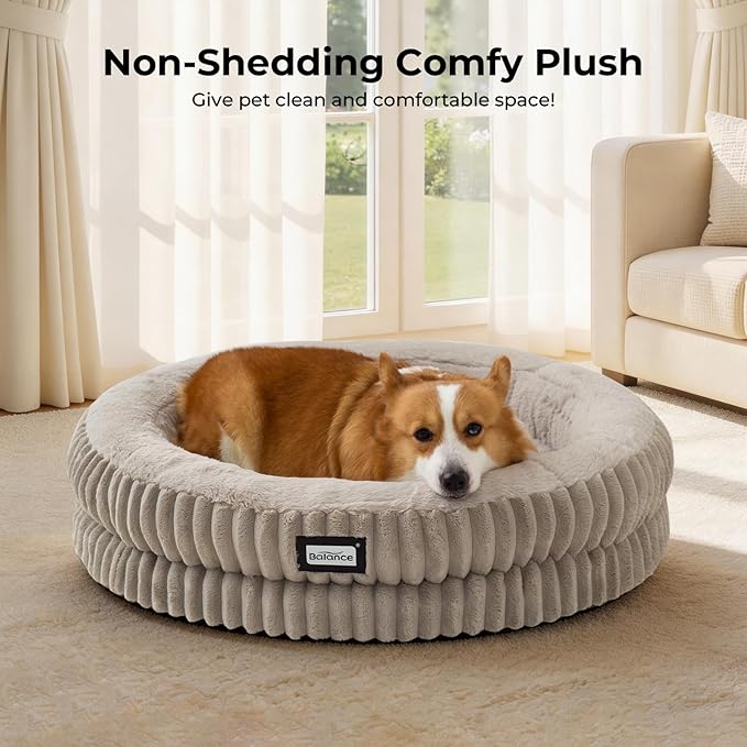 BALANCE Donut Dog Bed, 30 Inches Round Dog Bed Medium Size Dogs Washable, Orthopedic Calming Dogs Beds for Pets, Fluffy Plush Faux Fur Pet Bed with Anti-Slip Bottom