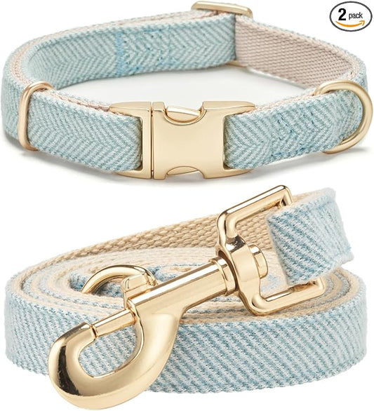 Soft Dog Collar and Leash Set Adjustable Woven Tweed Dog Collars with Metal Buckle and Lead for Small Medium Large Dogs,Blue