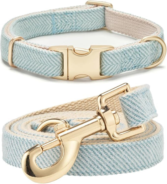 Soft Dog Collar and Leash Set Adjustable Woven Twilled Dog Collars with Metal Buckle and Lead for Small Medium Large Dogs,Blue