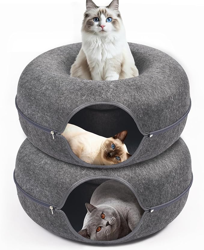 Cat Caves for Indoor Cats, Large Cat Tunnel for Multiple & Large Cats, Scratch Detachable Peekaboo Cat Cave Bed, Kitten Donut Kitty Hideaway Up to 45 Lbs