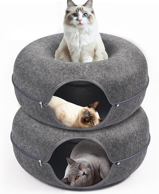 Cat Caves for Indoor Cats, Large Cat Tunnel for Multiple & Large Cats, Scratch Detachable Peekaboo Cat Cave Bed, Kitten Donut Kitty Hideaway Up to 45 Lbs