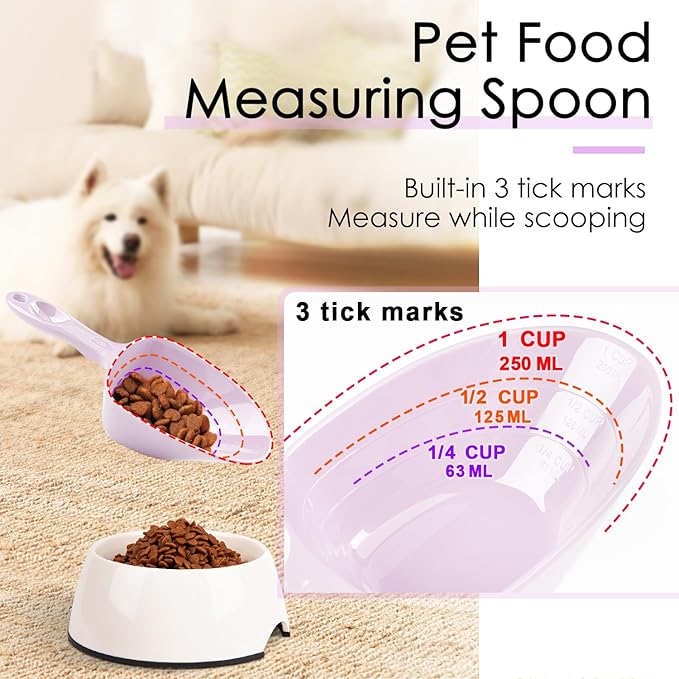 Melamine Pet Food Measuring Scoop, 1 Cup 1/2 Cup 1/4 Cup with Clear Measurement Lines for Dog, Cat, Bird, and Rabbit, Durable, Ergonomic Handle, Dishwasher safe-Purple