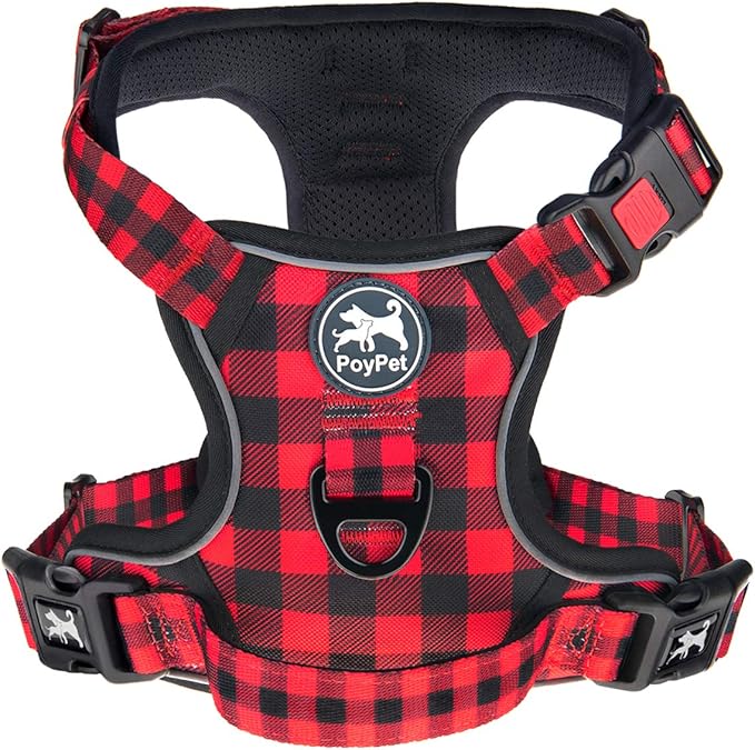 PoyPet No Pull Dog Harness, [Release at Neck] Reflective Adjustable No Choke Pet Vest with Front & Back 2 Leash Attachments, Soft Control Training Handle, Plaid(Checkered Red, XL)