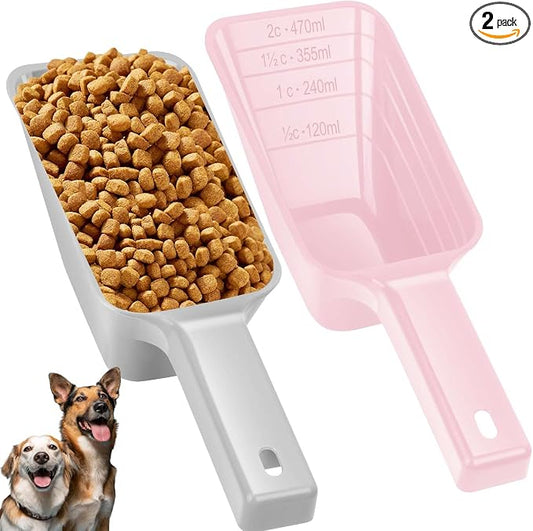 2 Cup Dog Food Scoop(2 Pack), Plastic Pet Food Scoop with Measuring Lines for Accurate Pet Food Portions,Dishwasher Safe (Grey and Pink)