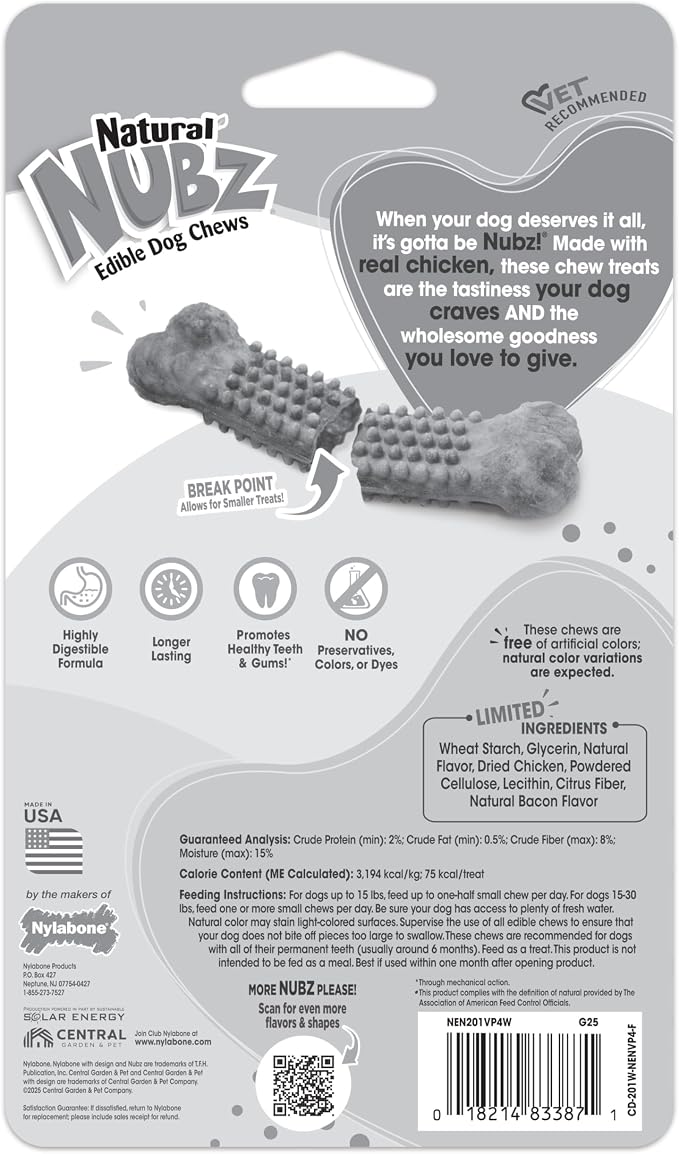 Nylabone Nubz Natural Dog Chew Treats for Small Dogs, Long Lasting Dog Chew Bones Made in the USA, Chicken Flavor Breath Freshener Dental Chews, Small Dog Bones for Dogs Up to 25 lbs. (4 Count)