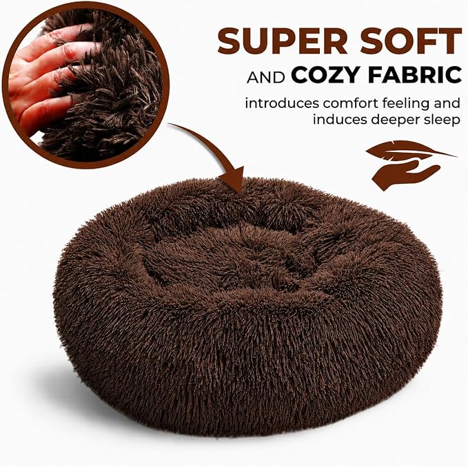 Whiskers & Friends Cat Beds for Indoor Cats, Fluffy Calming Donut Cat Bed, Small Dog Bed Washable - Orthopedic Soft Plush Pet Beds Sized for Kitten to Large Cats & Puppy to Small Dogs, Chocolate Brown