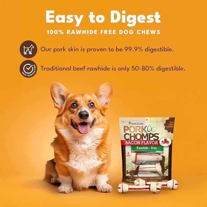 Pork Chomps Baked Pork Skin Dog Chews, 11 Inch Knots, 4 Count, 1 Pack, Bacon Flavor - Long-Lasting Treats for Dogs - High Protein, Rawhide-Free, Low Fat, Healthy & Delicious Chews