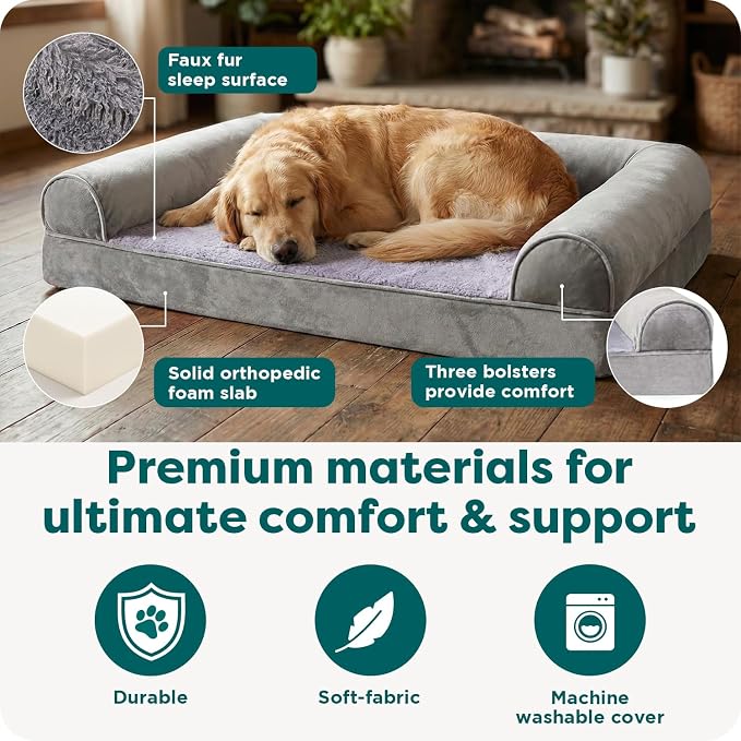 Furhaven Orthopedic Dog Bed for Large Dogs w/ Removable Bolsters & Washable Cover, For Dogs Up to 125 lbs - Faux Fur & Velvet Sofa - Smoke Gray, Jumbo Plus/XXL