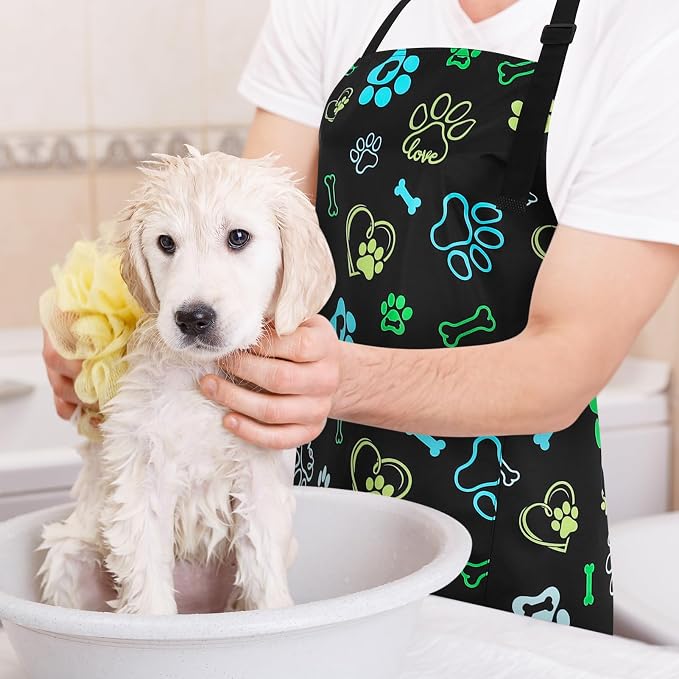 Dog Grooming Waterproof Apron with 2 Pockets, Cute Animals Puppy Dog Pets Apron