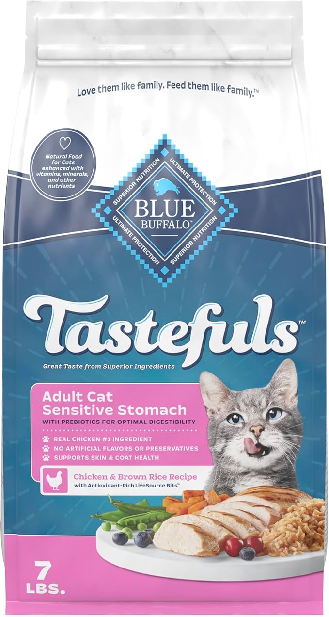 Blue Buffalo Tastefuls Chicken & Brown Rice Recipe Sensitive Stomach Adult Dry Cat Food, Real Chicken First, Deliciously Healthy Natural Cat Food, Natural Ingredients, Supports Digestion, 7-lb Bag