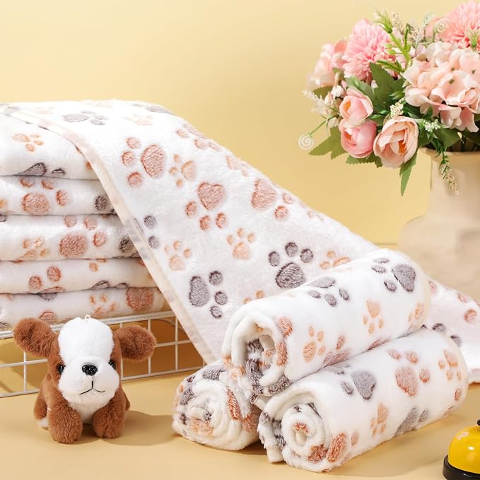 Chumia 40 Pcs Dog Blankets Soft Fluffy Fleece Washable Puppy Sleep Blankets Small Mat for Pets Throw Warm Bed Mat for Dog Puppy Cat (White,Paw)