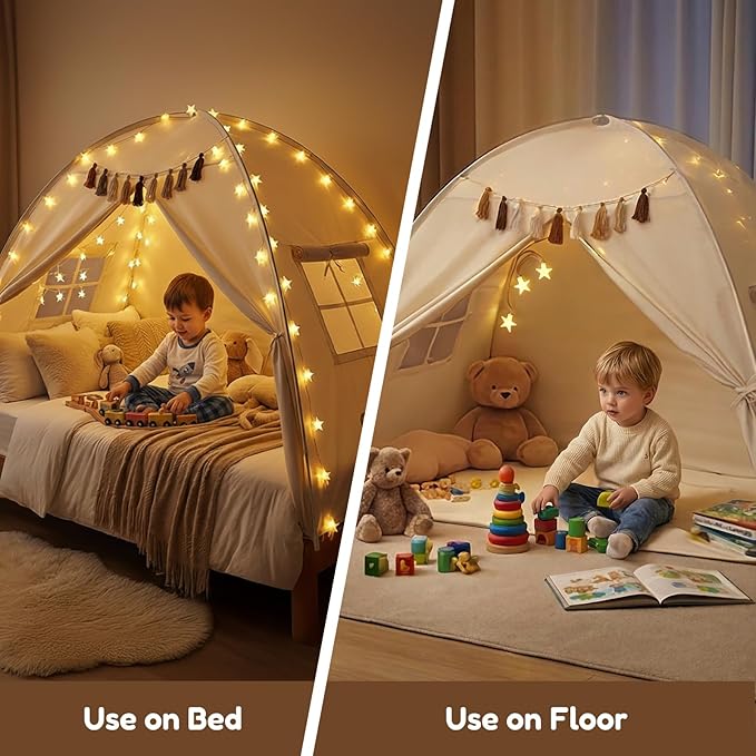 Gorich Twin Bed Tent for Kids, Indoor Privacy Toddler Sleeping Canopy with Mesh Window, Fits Bunk or Floor Bed, Include Star Lights & Tassels, Cozy Playhouse for Boys Girls Birthday