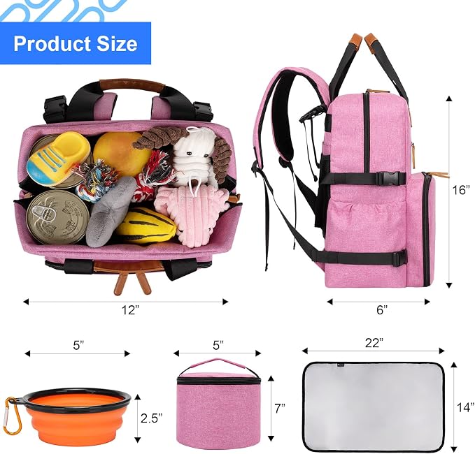 Modoker Dog Travel Bag, Airline Approved Backpack for Pet Accessories Organizer with 2 Food Storage, 2 Collapsible Bowls, Pink
