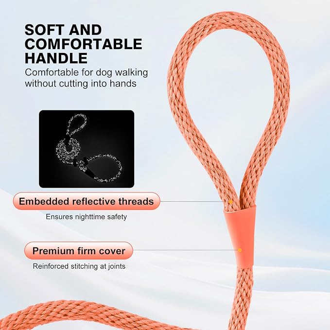 Lynxking Dog Leash Slip Lead Reflective Breathable Rope Comfortable Strong No Pull Slip On Pet Training Lead for Dogs (Orange, Large 1/2 inch x 6ft)
