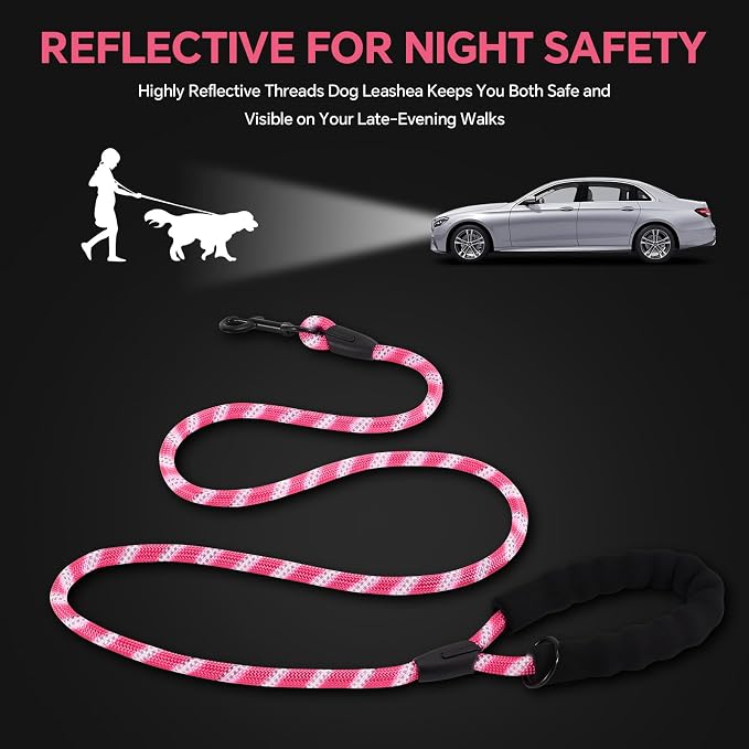 Heavy Duty Dog Leash - 4.9 FT for Large and Small Dogs - Strong Nylon, Comfortable Handle, Reflective Stitching - Ideal for Walking, Training, and Outdoor Activities, Pink