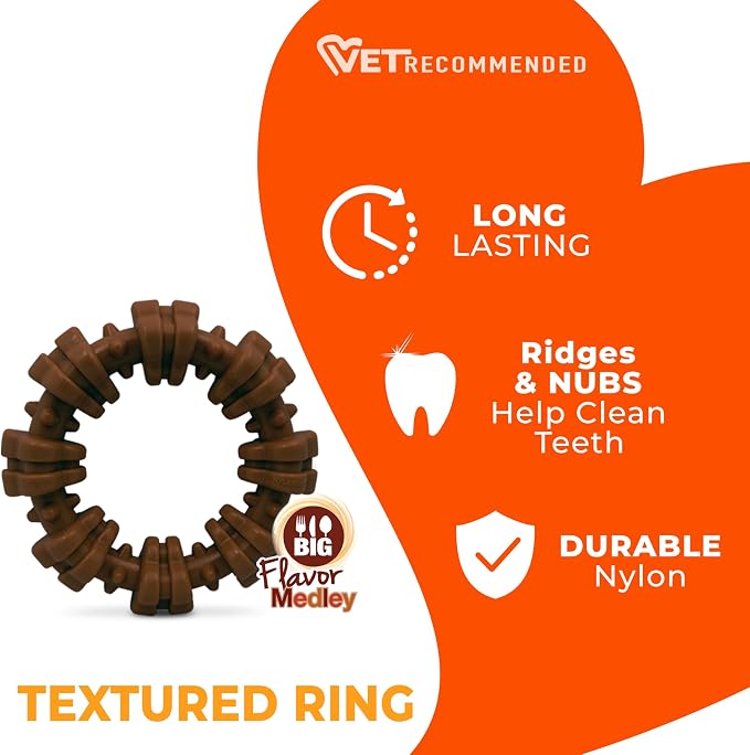 Nylabone Textured Ring Power Chew Toy for Small Dogs, Durable Dog Toys for Aggressive Chewers, Strong Dog Chew Bones To Keep Them Busy, Flavor Medley, Small - Up to 25 lbs, 1 Count
