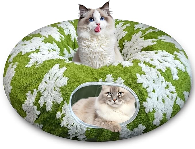 Cat Tunnels for Indoor Cats, Cute Cat Donut Tunnel with Washable Circle Cushion, Under Christmas Tree Soft Plush Peekaboo Cat Cave Toy for Kitten, Puppy, Rabbit (Green)