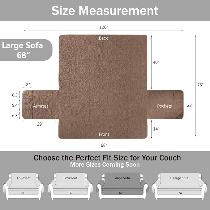 Quilted Raw Umber Sofa Slipcovers with Pockets, Anti-Slip Camel Couch Covers for Sofa, Couch Cover for Dogs Cats Water-Repellent Machine Washable (Large Sofa 68", Raw Umber)