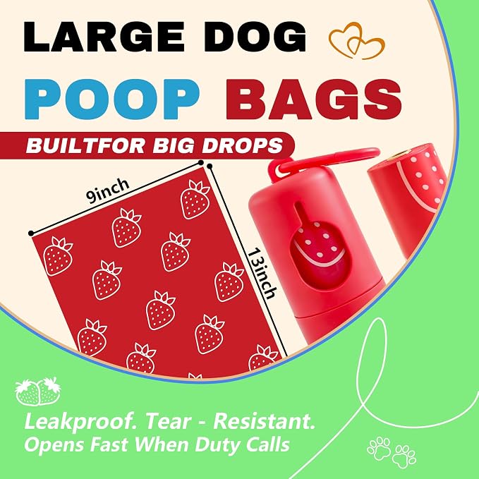 Strawberry Scented Dog Poop Bags - 120 counts red Pet Waste Bags with Dispensers, Extra Large 13x9 Inch Leak-Proof Fragrance Bags for Dogs Walking and Cat Litter