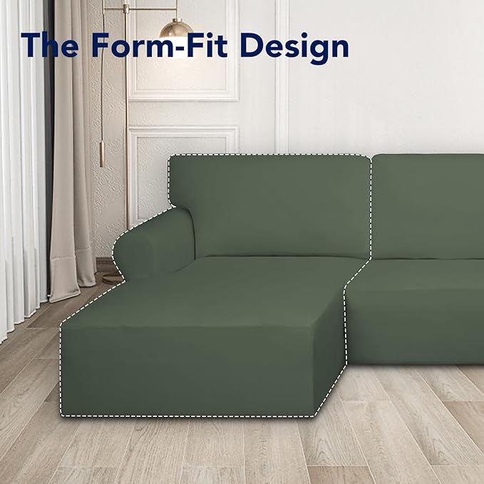 PureFit Super Stretch Sectional Couch Covers - 2 pcs Polyester and Spandex Non Slip Sofa Covers with Elastic Bottom for L Shape Sectional Sofa Couch (3 Seat Sofa + 2 Seat Chaise, Greyish Green)