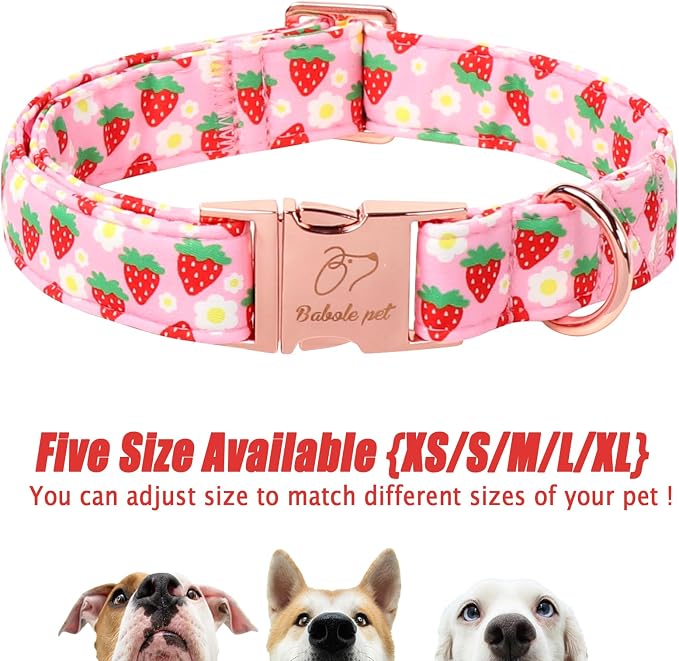 Strawberry Dog Collar for Small Dogs - Adjustable Spring Summer Pink Girl Dog Collars, Cute Girly Female Pet Collar with Metal Buckle S